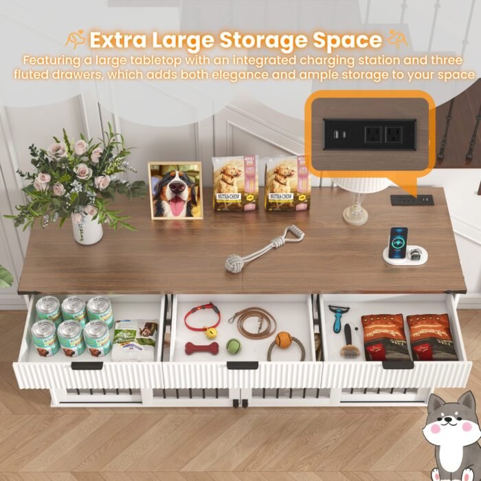 71'' Furniture Style Double Dog Crate  with 3 Fluted Drawers and Waterproof Walnut Woodgrain Tabletop,Large Dog Kennel Furniture with Type-C Power Outlet & Rotating Feeders for Heavy Duty Dogs(White)