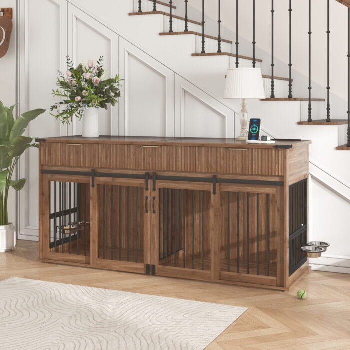 71'' Furniture Style Double Dog Crate  with 3 Fluted Drawers and Waterproof Walnut Woodgrain Tabletop,Large Dog Kennel Furniture with Type-C Power Outlet & Rotating Feeders for Heavy Duty Dogs(White)