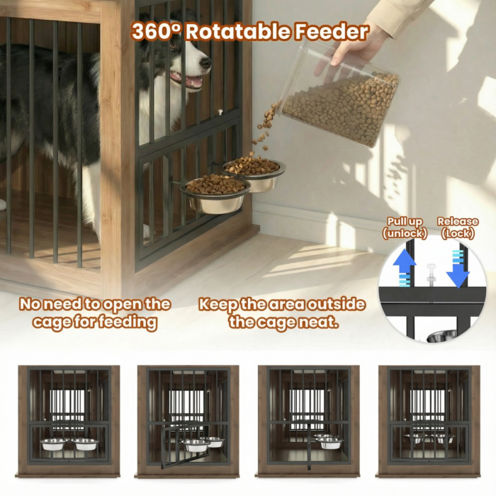 71'' Furniture Style Double Dog Crate  with 3 Fluted Drawers and Waterproof Walnut Woodgrain Tabletop,Large Dog Kennel Furniture with Type-C Power Outlet & Rotating Feeders for Heavy Duty Dogs(White)