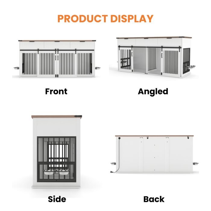 71'' Furniture Style Double Dog Crate  with 3 Fluted Drawers and Waterproof Walnut Woodgrain Tabletop,Large Dog Kennel Furniture with Type-C Power Outlet & Rotating Feeders for Heavy Duty Dogs(White)