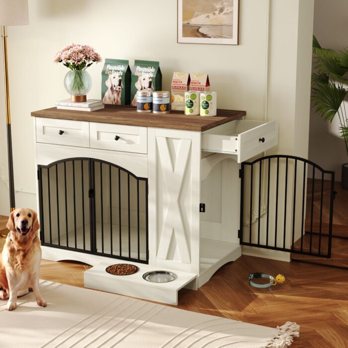 GO 43.3" Farmhouse Dog Crate Furniture, Heavy Duty Dog Crate with 3 Drawers, Indoor Wooden Dog Kennel with Removable Feeder, Dog Cage End Table for  Medium Large Dogs, White
