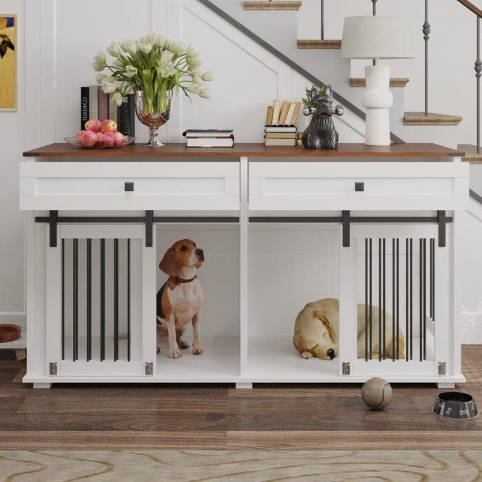 63'' Large Dog Crate Furniture for Double Dog, Wooden Dog Kennel with 2 Drawers,Divider and Sliding Door, Water Resistant Indoor Pets Furniture Style Double Dog Crates