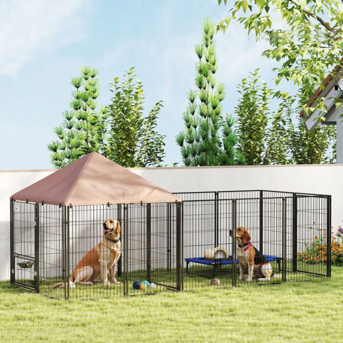 08748f39-d62e-4e8f-bc91-6fa9c5475c79.jpg Large Outdoor Dog Kennel with Rotating & Adjustable Height Bowls, Waterproof & UV-Resistant Canopy, 11.3' x 4.7' x 5.1'