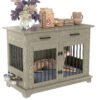 44.48-inch large wooden dog cage furniture, equipped with 2 storage drawers and a rotating bowl, decorative pet cage dog house
