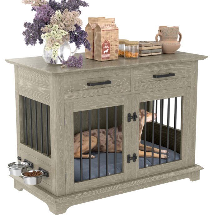 44.48-inch large wooden dog cage furniture, equipped with 2 storage drawers and a rotating bowl, decorative pet cage dog house
