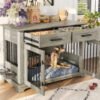 44.48-inch large wooden dog cage furniture, equipped with 2 storage drawers and a rotating bowl, decorative pet cage dog house