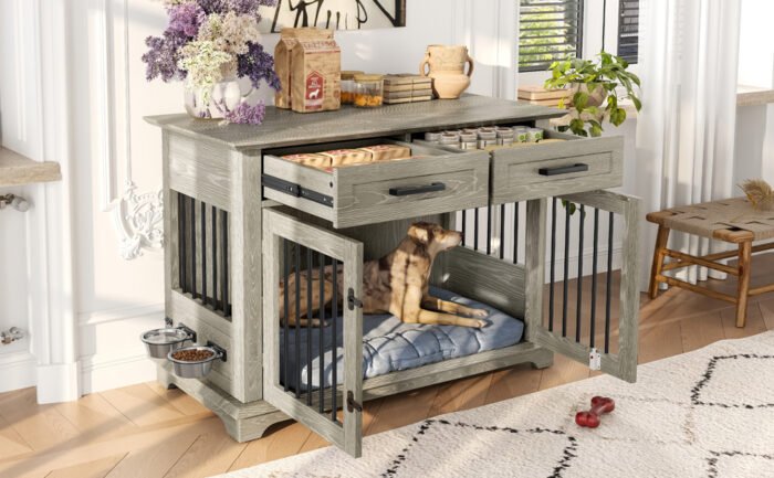 44.48-inch large wooden dog cage furniture, equipped with 2 storage drawers and a rotating bowl, decorative pet cage dog house