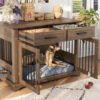 44.48-inch large wooden dog cage furniture, equipped with 2 storage drawers and a rotating bowl, decorative pet cage dog house