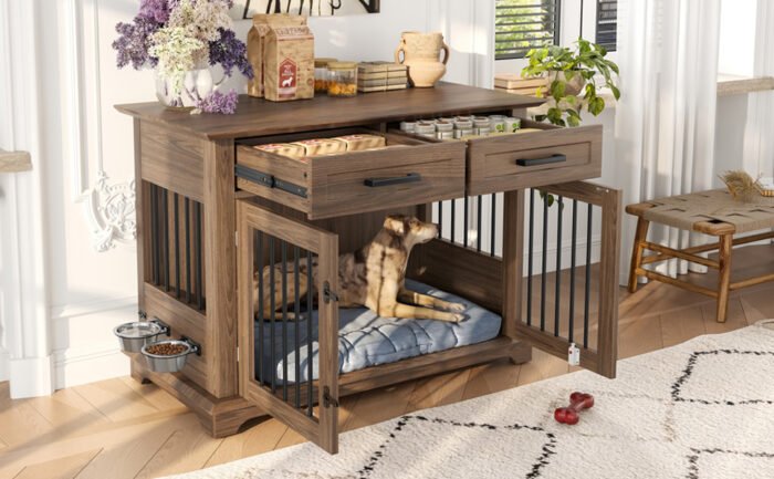 44.48-inch large wooden dog cage furniture, equipped with 2 storage drawers and a rotating bowl, decorative pet cage dog house