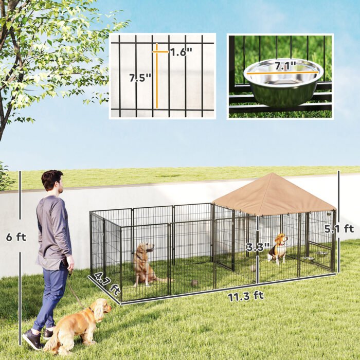 15b94029-c3ab-42b1-8767-334f6adfbd68.jpg Large Outdoor Dog Kennel with Rotating & Adjustable Height Bowls, Waterproof & UV-Resistant Canopy, 11.3' x 4.7' x 5.1'