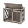 Farmhouse Dog Cage Crate Furniture with Sliding Barn Door,  Farmhouse Wooden Dog Kennel End Table with Flip-top Plate Dog House with Detachable Divider for Small/Medium/Large Dog Gray
