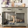 44.48-inch large wooden dog cage furniture, equipped with 2 storage drawers and a rotating bowl, decorative pet cage dog house