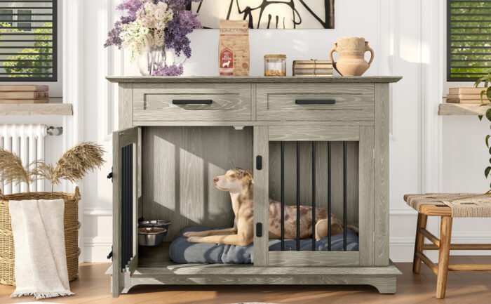 44.48-inch large wooden dog cage furniture, equipped with 2 storage drawers and a rotating bowl, decorative pet cage dog house