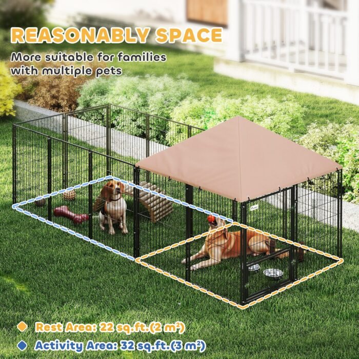 1ff2befe-7a12-43aa-b1ff-3bb5d6bf41ab.jpg Large Outdoor Dog Kennel with Rotating & Adjustable Height Bowls, Waterproof & UV-Resistant Canopy, 11.3' x 4.7' x 5.1'