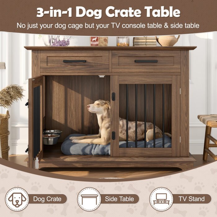 44.48-inch large wooden dog cage furniture, equipped with 2 storage drawers and a rotating bowl, decorative pet cage dog house