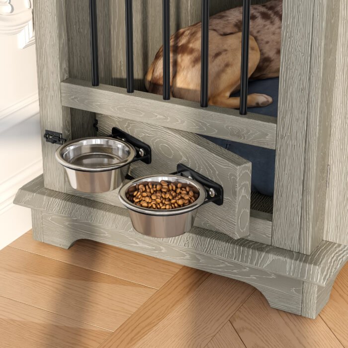 44.48-inch large wooden dog cage furniture, equipped with 2 storage drawers and a rotating bowl, decorative pet cage dog house