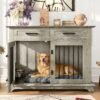 44.48-inch large wooden dog cage furniture, equipped with 2 storage drawers and a rotating bowl, decorative pet cage dog house