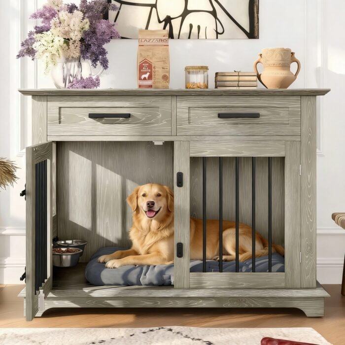 44.48-inch large wooden dog cage furniture, equipped with 2 storage drawers and a rotating bowl, decorative pet cage dog house