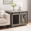 Farmhouse Dog Cage Crate Furniture with Sliding Barn Door,  Farmhouse Wooden Dog Kennel End Table with Flip-top Plate Dog House with Detachable Divider for Small/Medium/Large Dog Gray