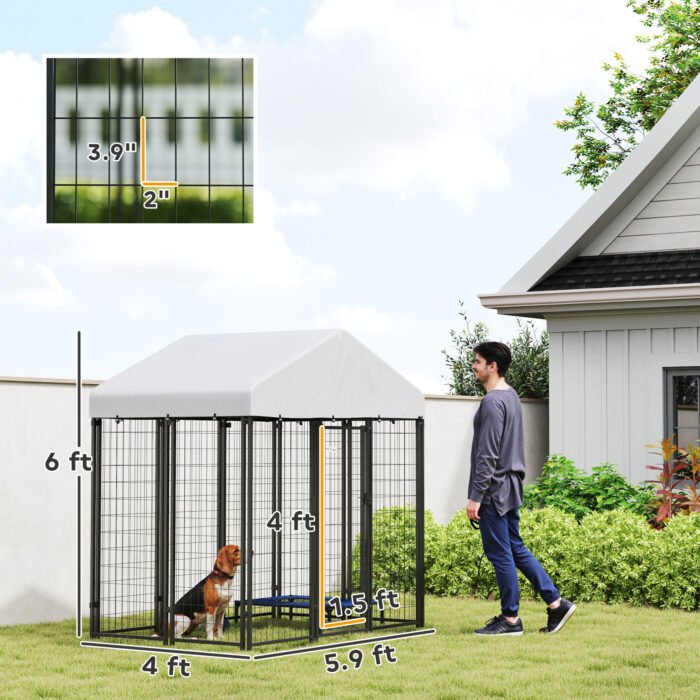 4816ab9c-4860-4c66-ad0c-c6257ffd9da4.jpg Outdoor Dog Kennel with Roof with Escape-proof Lock, UV-Resistant & Waterproof Cover, 5.9' x 4' x 6', Silver