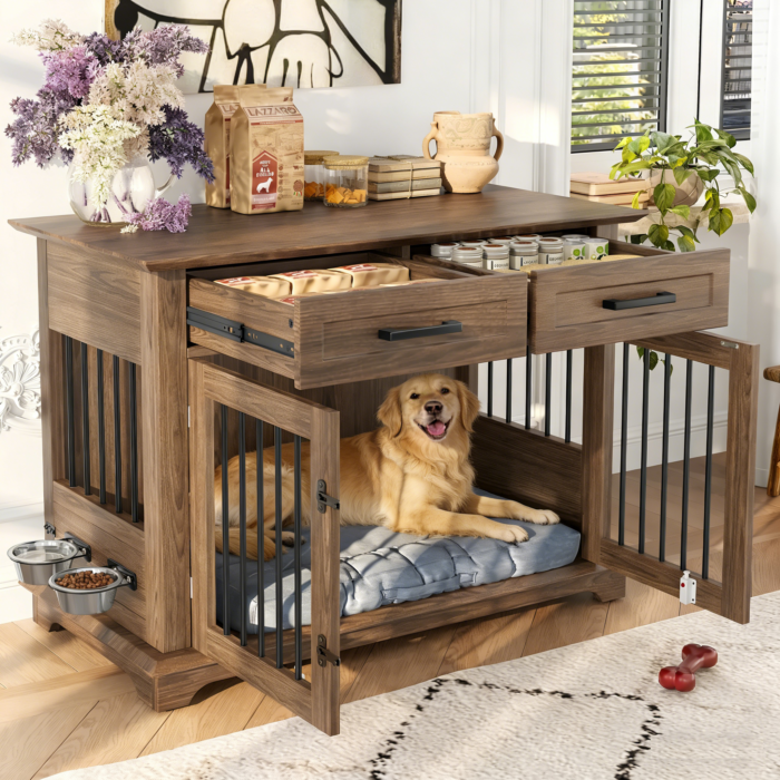 44.48-inch large wooden dog cage furniture, equipped with 2 storage drawers and a rotating bowl, decorative pet cage dog house