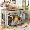 44.48-inch large wooden dog cage furniture, equipped with 2 storage drawers and a rotating bowl, decorative pet cage dog house
