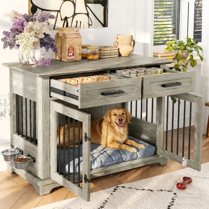 44.48-inch large wooden dog cage furniture, equipped with 2 storage drawers and a rotating bowl, decorative pet cage dog house