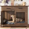 44.48-inch large wooden dog cage furniture, equipped with 2 storage drawers and a rotating bowl, decorative pet cage dog house