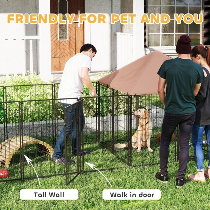 7c103423-3e59-48f8-956f-d1a3e9acf790.jpg Large Outdoor Dog Kennel with Rotating & Adjustable Height Bowls, Waterproof & UV-Resistant Canopy, 11.3' x 4.7' x 5.1'