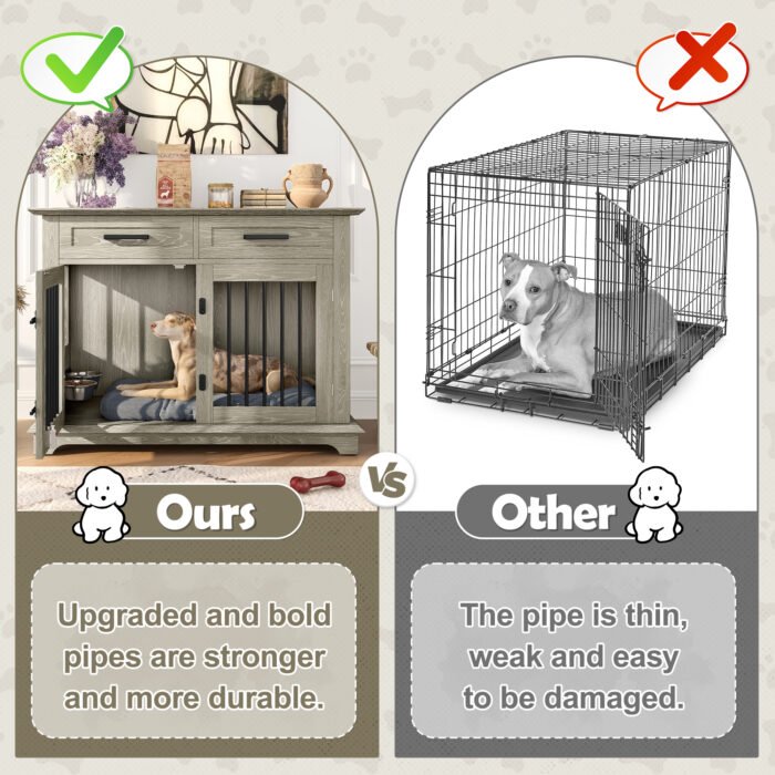 44.48-inch large wooden dog cage furniture, equipped with 2 storage drawers and a rotating bowl, decorative pet cage dog house