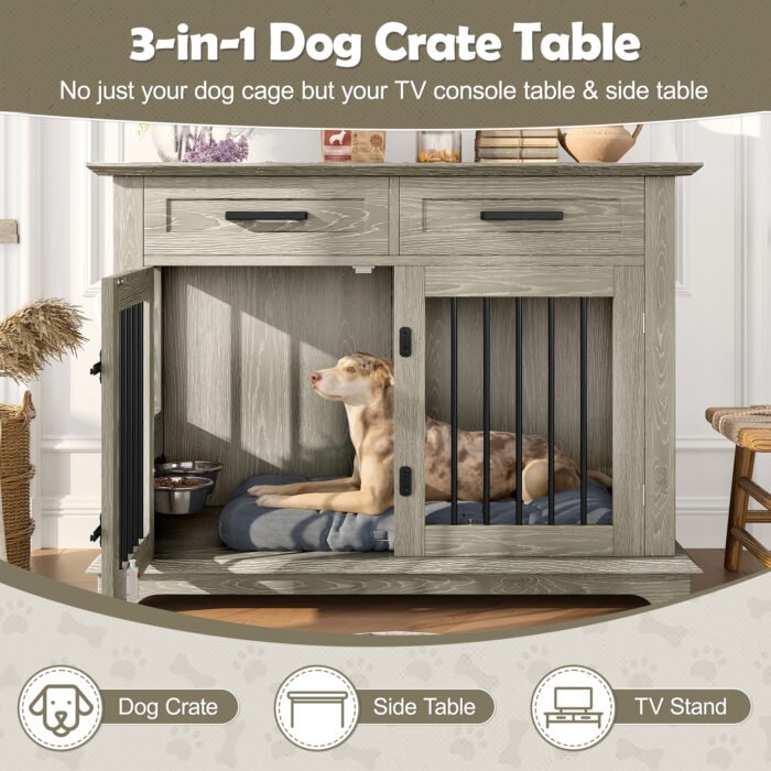 44.48-inch large wooden dog cage furniture, equipped with 2 storage drawers and a rotating bowl, decorative pet cage dog house