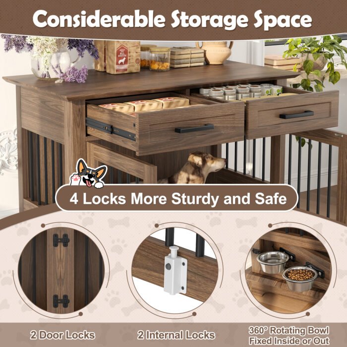 44.48-inch large wooden dog cage furniture, equipped with 2 storage drawers and a rotating bowl, decorative pet cage dog house