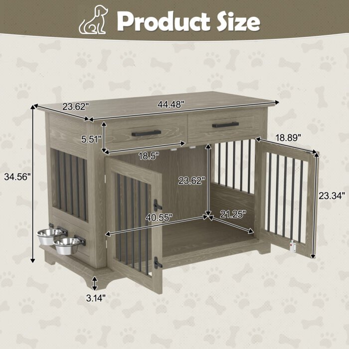44.48-inch large wooden dog cage furniture, equipped with 2 storage drawers and a rotating bowl, decorative pet cage dog house