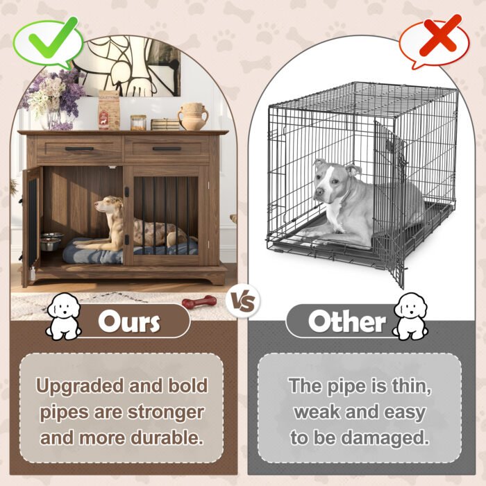 44.48-inch large wooden dog cage furniture, equipped with 2 storage drawers and a rotating bowl, decorative pet cage dog house